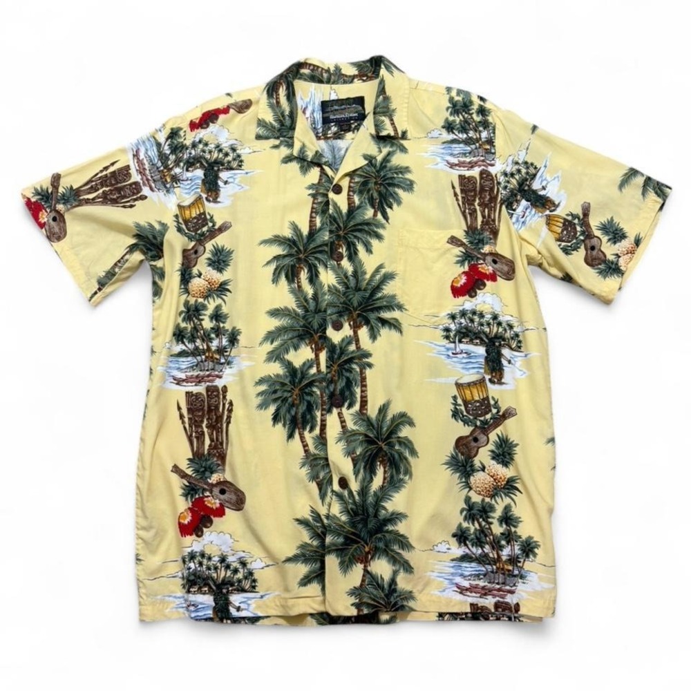 Vintage Aloha Shirt Pale Yellow Tropical Tiki Print Hawaiian Reserve camp Size L